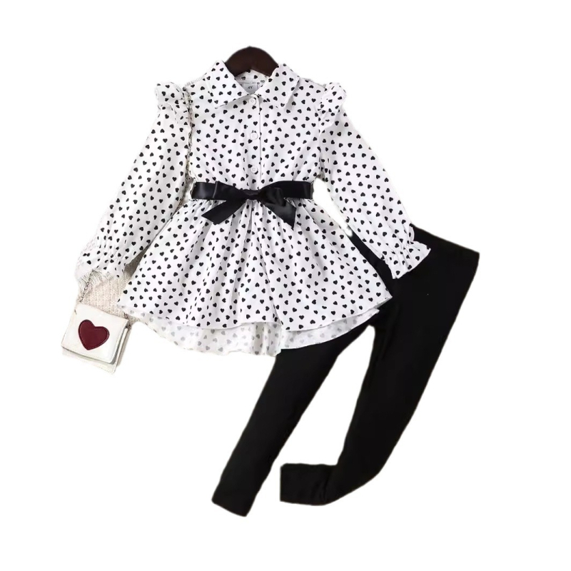 Top cu rever imprimat pentru fete AliExpress, en-gros, de primăvară și toamnă, nou, cu imprimeu de dragoste + pantaloni strâmți de culoare solidă, două piese