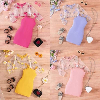 Costum de vară pentru fete, 2023, cu sling, top brodat cu imprimeu și fustă de culoare uni, îmbrăcăminte din două piese pentru copii