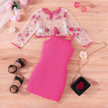 Καλοκαιρινό φόρεμα-κοστούμι για κορίτσια του 2023, κεντημένο τυπωμένο τοπ + μονόχρωμη φούστα, παιδικά ρούχα δύο τεμαχίων