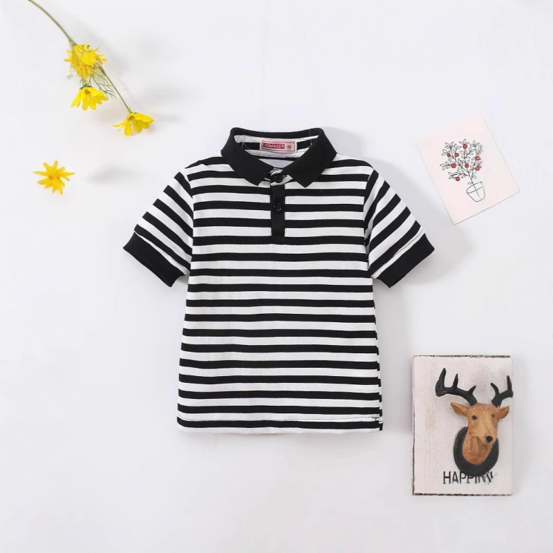 Нова лятна раирана тениска с къс ръкав за момчета и момичета, детска мода, стилен ревер, ученическо облекло, класни дрехи на едро