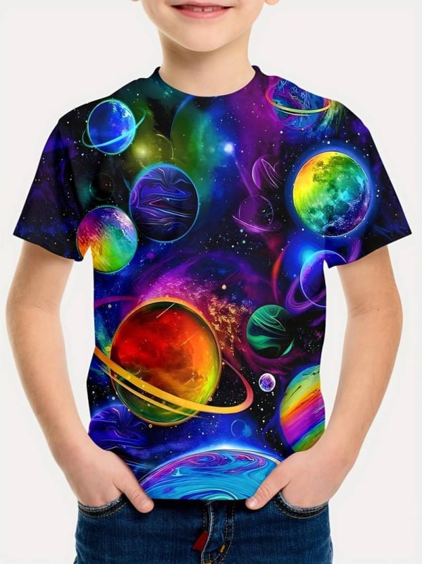 2025 Planet Series Printing 3D digitalni tisak Majica kratkih rukava Prekogranična vanjska trgovina Ljetna dječja majica s okruglim izrezom