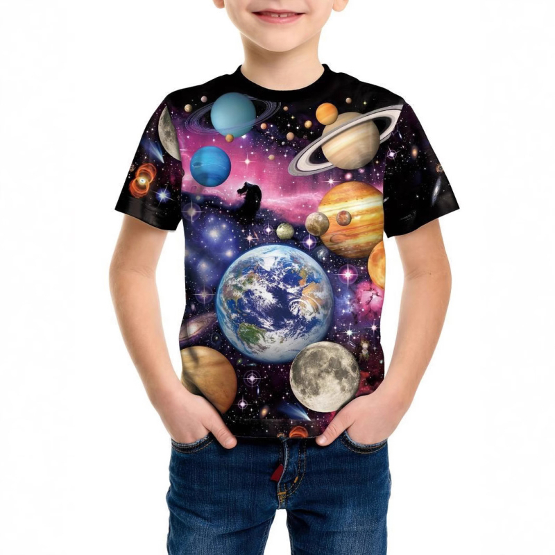 2025 Planet Series Printing 3D digitalni tisak Majica kratkih rukava Prekogranična vanjska trgovina Ljetna dječja majica s okruglim izrezom