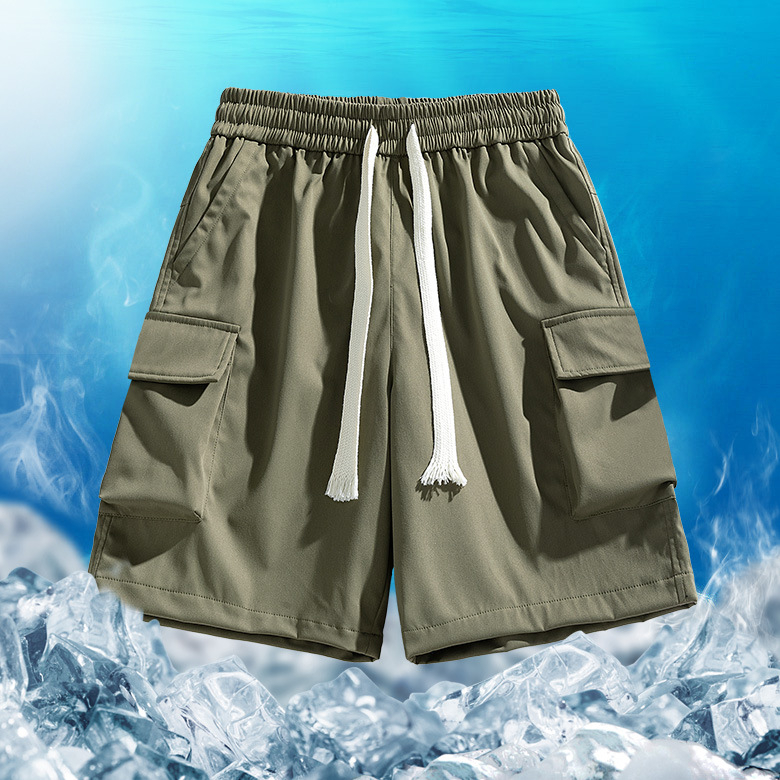 Летни нови мъжки едноцветни къси панталони с много джобове, еластични, в корейски стил, ежедневни, модерни, за двойки, онлайн, за знаменитости, в същия стил