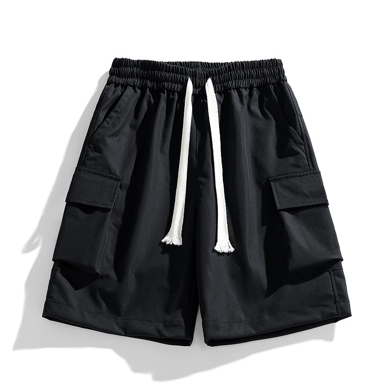 Летни нови мъжки едноцветни къси панталони с много джобове, еластични, в корейски стил, ежедневни, модерни, за двойки, онлайн, за знаменитости, в същия стил
