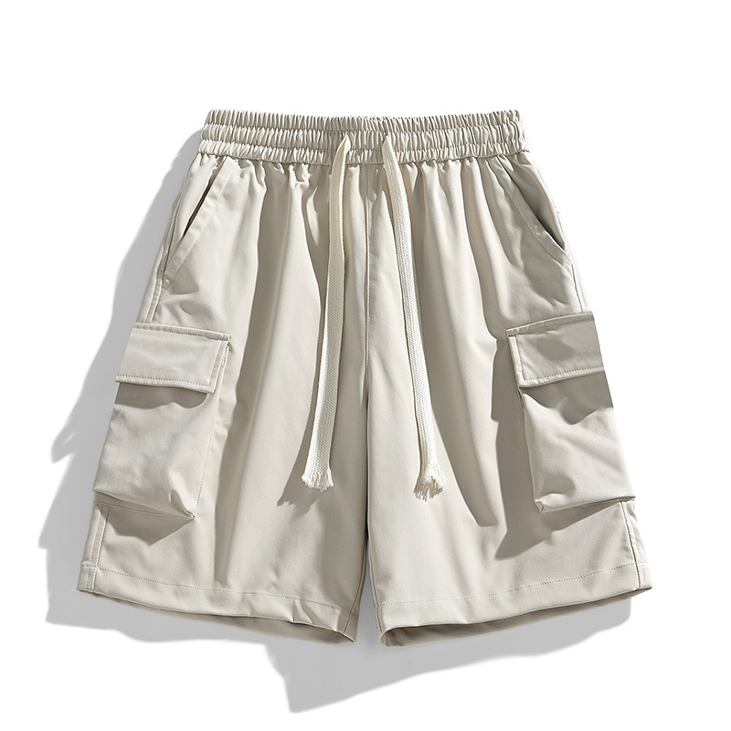 Летни нови мъжки едноцветни къси панталони с много джобове, еластични, в корейски стил, ежедневни, модерни, за двойки, онлайн, за знаменитости, в същия стил