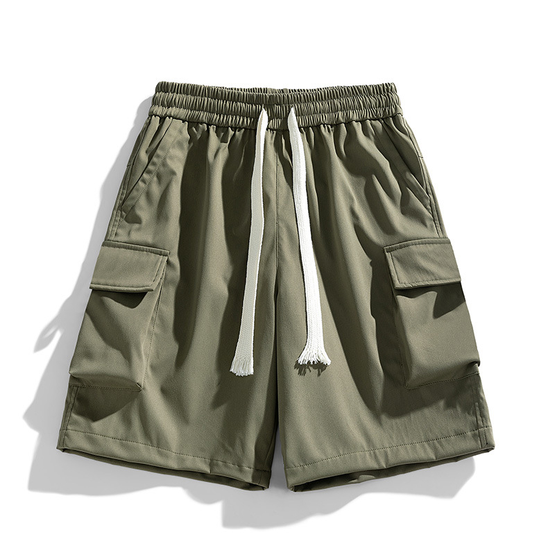 Летни нови мъжки едноцветни къси панталони с много джобове, еластични, в корейски стил, ежедневни, модерни, за двойки, онлайн, за знаменитости, в същия стил