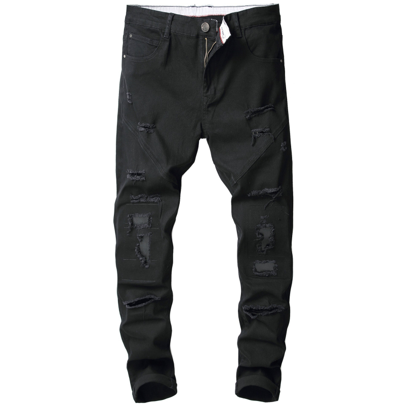 Crne traperice za mršavljenje, najlakše za usklađivanje, poderane, trend 2025., modne muške traperice Xintang Denim, sve na veliko