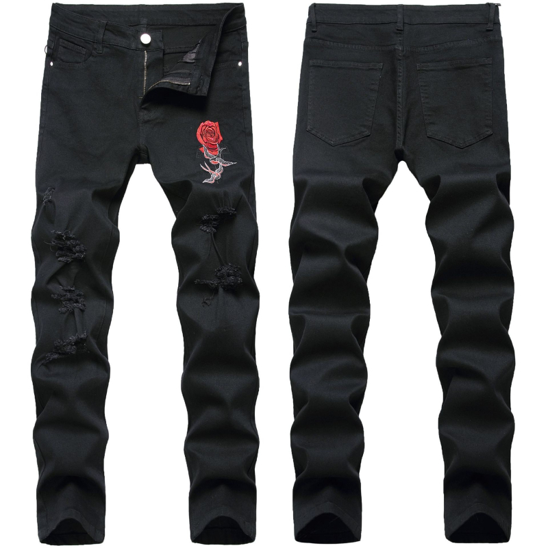 Crne traperice za mršavljenje, najlakše za usklađivanje, poderane, trend 2025., modne muške traperice Xintang Denim, sve na veliko