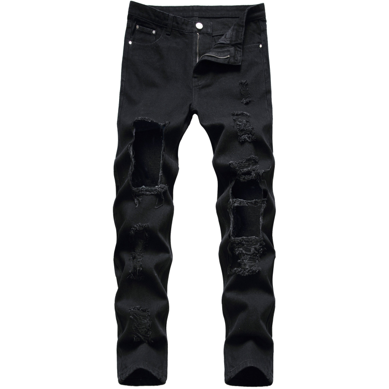 Crne traperice za mršavljenje, najlakše za usklađivanje, poderane, trend 2025., modne muške traperice Xintang Denim, sve na veliko