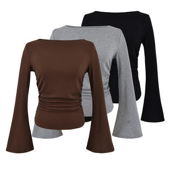 Jednobojna majica s ovratnikom i rukavima u obliku trube za jesen i zimu 2024., ženska, američkog stila, uski top s naborima i ramenima