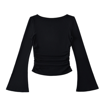 Jednobojna majica s ovratnikom i rukavima u obliku trube za jesen i zimu 2024., ženska, američkog stila, uski top s naborima i ramenima