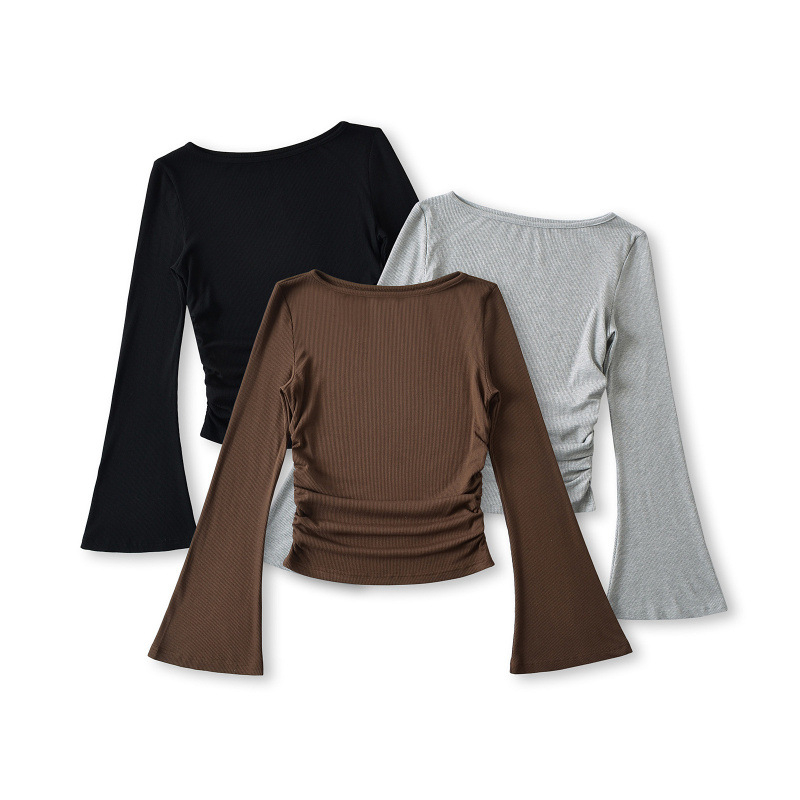 Jednobojna majica s ovratnikom i rukavima u obliku trube za jesen i zimu 2024., ženska, američkog stila, uski top s naborima i ramenima