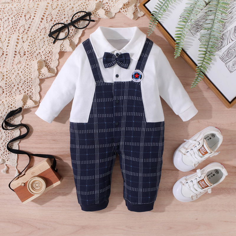 Βρεφικά Ρούχα Φθινοπωρινή Ολόσωμη Φόρμα Ανδρική Βρεφική Στολή Δύο Τεμαχίων Western Style Ψεύτικη με Μακρυμάνικο Παπιγιόν Hakka Εκατό Ημέρες Αναρρίχησης