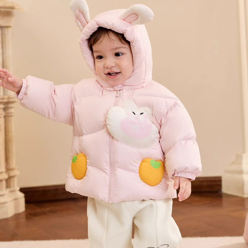 Bērnu dūnu jaka ar vieglu kapuci 2024. gada jauna bērnu apģērba mazuļu dūnu jaka, silta jaka zēniem un meitenēm
