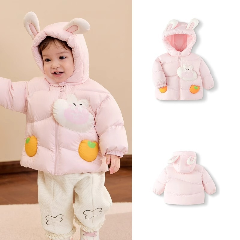 Bērnu dūnu jaka ar vieglu kapuci 2024. gada jauna bērnu apģērba mazuļu dūnu jaka, silta jaka zēniem un meitenēm