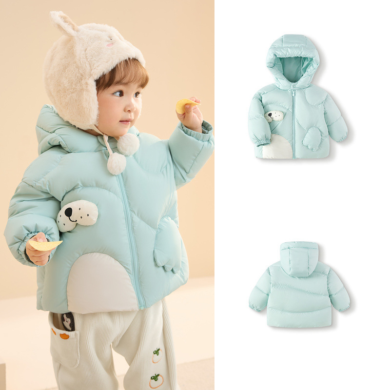 Bērnu dūnu jaka ar vieglu kapuci 2024. gada jauna bērnu apģērba mazuļu dūnu jaka, silta jaka zēniem un meitenēm
