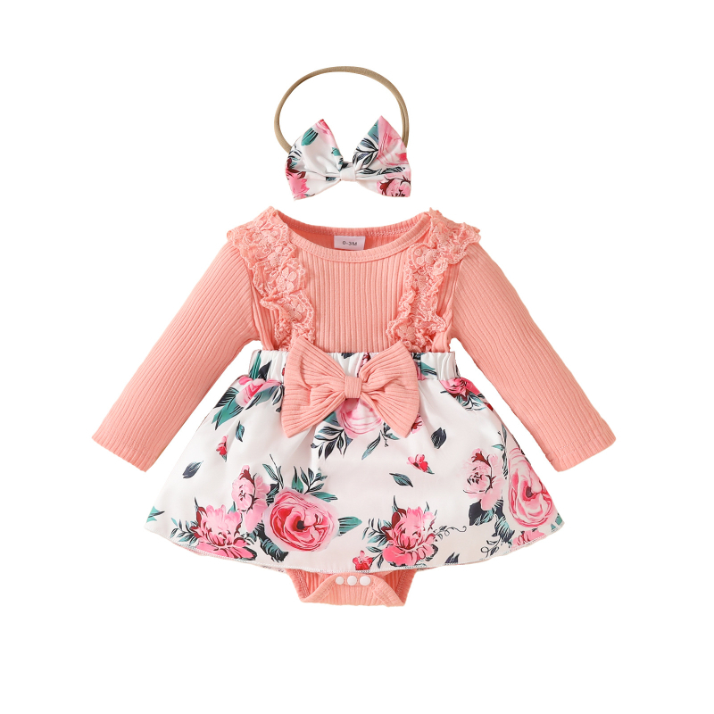 Rochie de seară pentru fete, rochie de seară cu mânecă lungă și dantelă, europene și americane, pentru fete de 0-1 an, cu fundă groapă, fustă de flori, bază