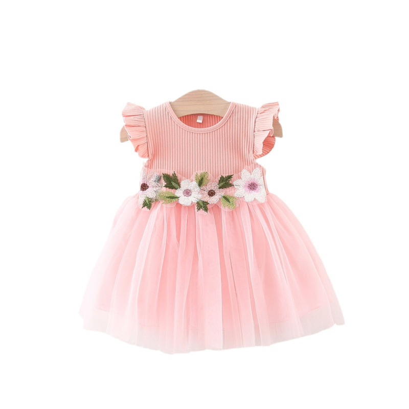 Ljeto 2024. novi struk na nizu riječi mrežasta gaza suknja za djevojčice s letećim rukavima, mala haljina s suknjom