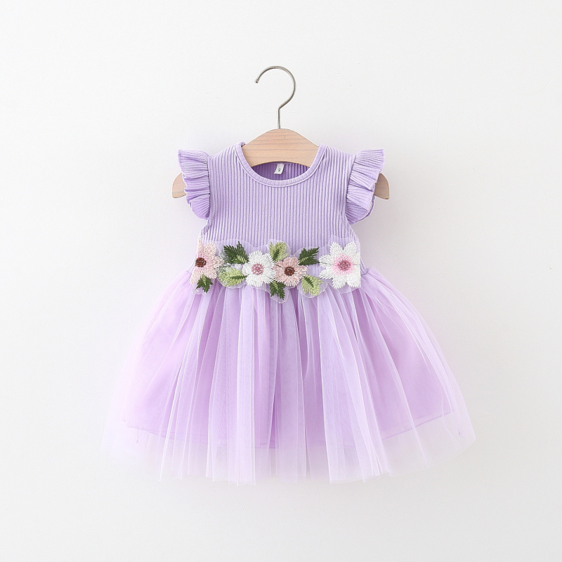 Ljeto 2024. novi struk na nizu riječi mrežasta gaza suknja za djevojčice s letećim rukavima, mala haljina s suknjom