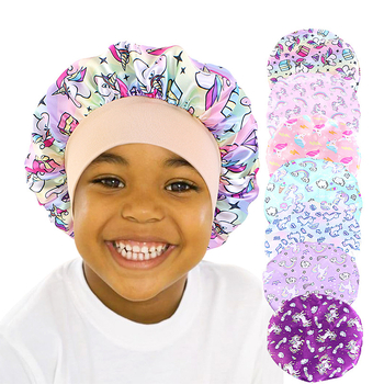 Dječja satenska noćna kapa s crtanim otiskom i jednoroga, elastična okrugla kapa širokog oboda