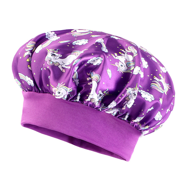 Dječja satenska noćna kapa s crtanim otiskom i jednoroga, elastična okrugla kapa širokog oboda