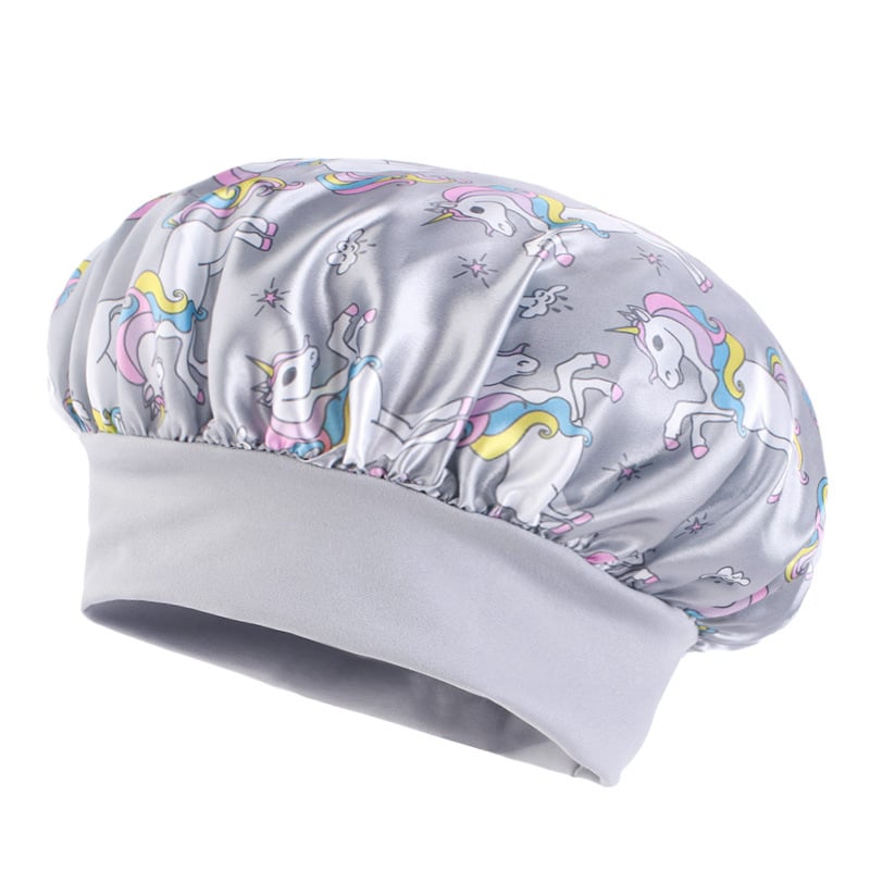 Dječja satenska noćna kapa s crtanim otiskom i jednoroga, elastična okrugla kapa širokog oboda