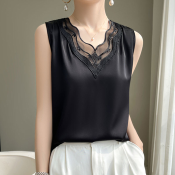 Γυναικείο γιλέκο με δαντέλα και δαντέλα, εσωτερική μπλούζα με κοστούμι, Άνοιξη και καλοκαίρι 2024, νέο, μεταξωτό, μεταξωτό, αμάνικο τοπ