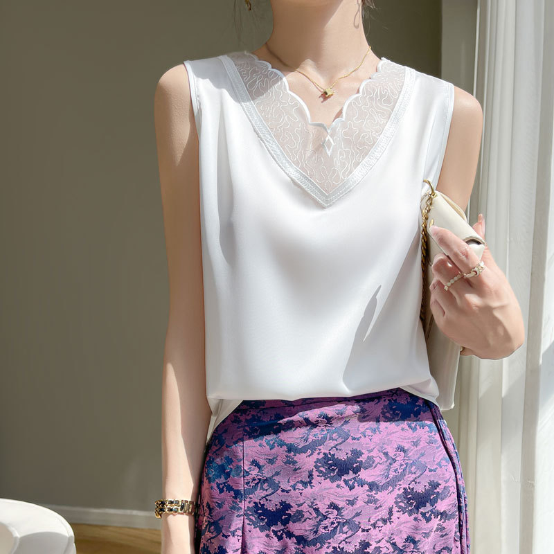 Γυναικείο γιλέκο με δαντέλα και δαντέλα, εσωτερική μπλούζα με κοστούμι, Άνοιξη και καλοκαίρι 2024, νέο, μεταξωτό, μεταξωτό, αμάνικο τοπ