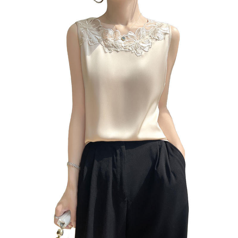 Γυναικείο γιλέκο με δαντέλα και δαντέλα, εσωτερική μπλούζα με κοστούμι, Άνοιξη και καλοκαίρι 2024, νέο, μεταξωτό, μεταξωτό, αμάνικο τοπ