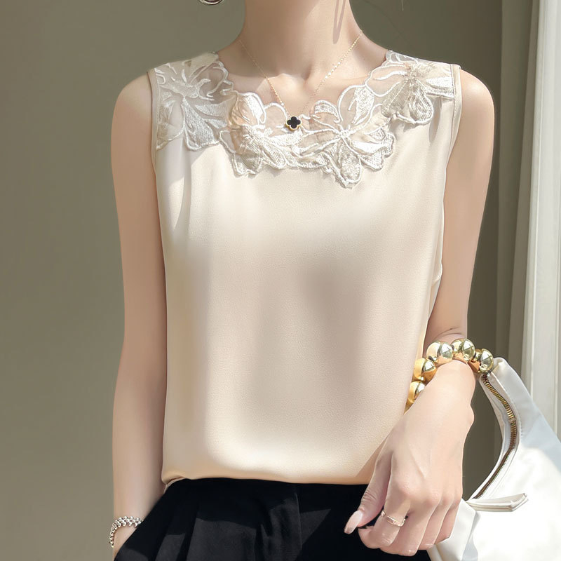 Γυναικείο γιλέκο με δαντέλα και δαντέλα, εσωτερική μπλούζα με κοστούμι, Άνοιξη και καλοκαίρι 2024, νέο, μεταξωτό, μεταξωτό, αμάνικο τοπ