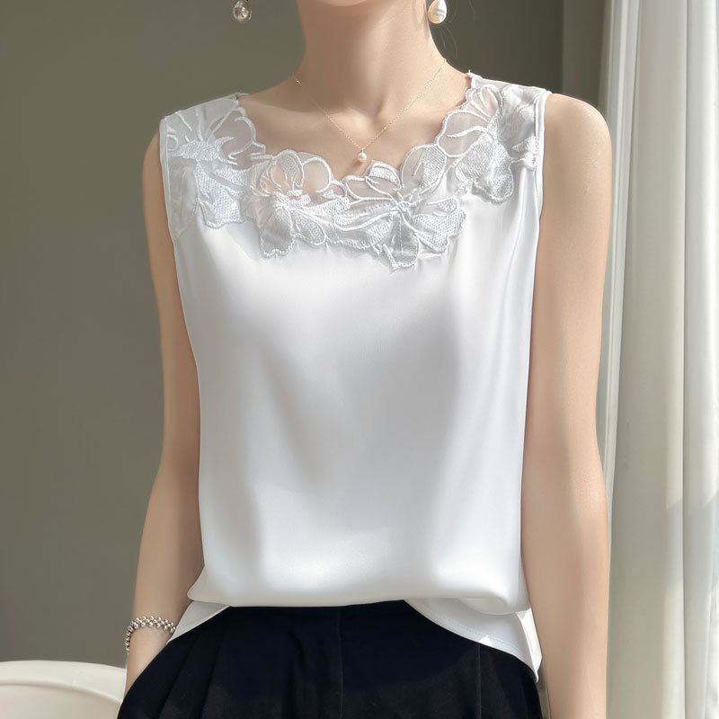 Γυναικείο γιλέκο με δαντέλα και δαντέλα, εσωτερική μπλούζα με κοστούμι, Άνοιξη και καλοκαίρι 2024, νέο, μεταξωτό, μεταξωτό, αμάνικο τοπ