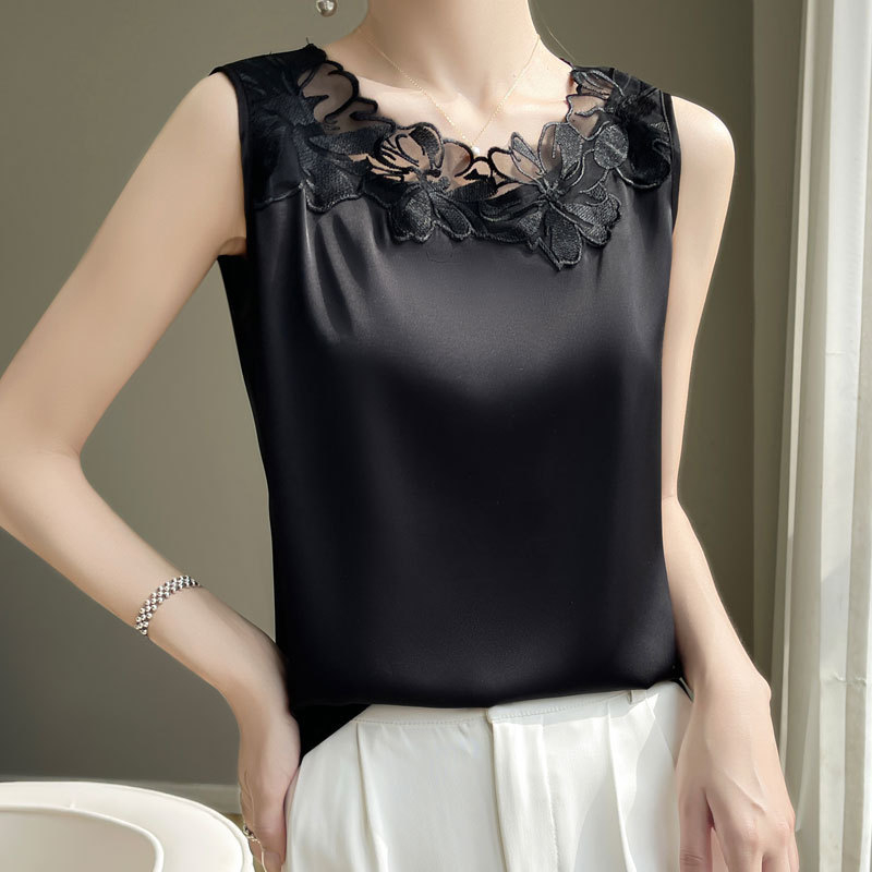 Γυναικείο γιλέκο με δαντέλα και δαντέλα, εσωτερική μπλούζα με κοστούμι, Άνοιξη και καλοκαίρι 2024, νέο, μεταξωτό, μεταξωτό, αμάνικο τοπ