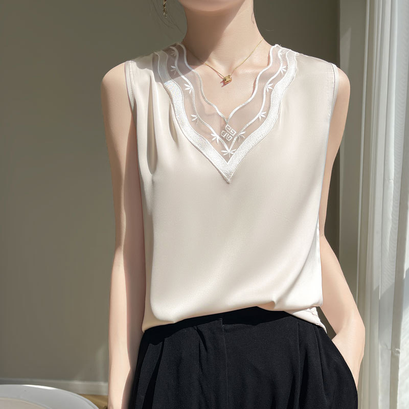 Γυναικείο γιλέκο με δαντέλα και δαντέλα, εσωτερική μπλούζα με κοστούμι, Άνοιξη και καλοκαίρι 2024, νέο, μεταξωτό, μεταξωτό, αμάνικο τοπ