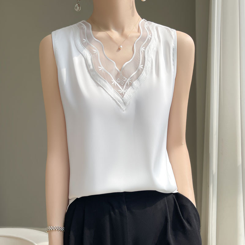 Γυναικείο γιλέκο με δαντέλα και δαντέλα, εσωτερική μπλούζα με κοστούμι, Άνοιξη και καλοκαίρι 2024, νέο, μεταξωτό, μεταξωτό, αμάνικο τοπ