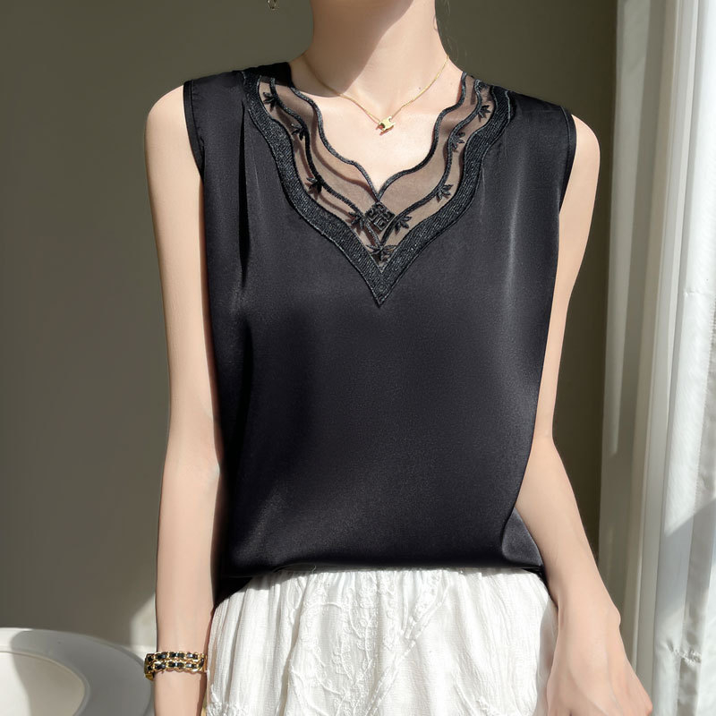 Γυναικείο γιλέκο με δαντέλα και δαντέλα, εσωτερική μπλούζα με κοστούμι, Άνοιξη και καλοκαίρι 2024, νέο, μεταξωτό, μεταξωτό, αμάνικο τοπ