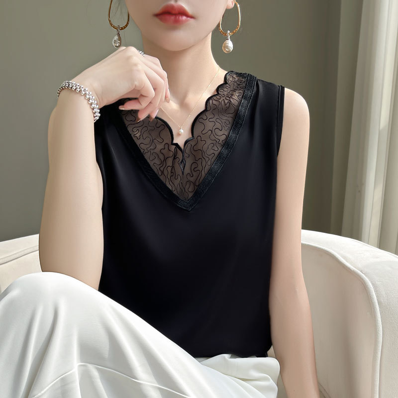 Γυναικείο γιλέκο με δαντέλα και δαντέλα, εσωτερική μπλούζα με κοστούμι, Άνοιξη και καλοκαίρι 2024, νέο, μεταξωτό, μεταξωτό, αμάνικο τοπ