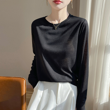 2025 Primăvara și Vara Nou Pulover cu Guler Rotund Tencel Lyocell Mânecă Lungă Subțire Culoare Solidă Simplă Pulover Cămașă de Bază