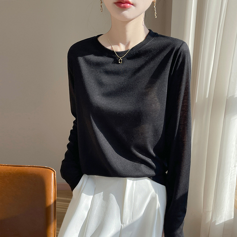 2025 Primăvara și Vara Nou Pulover cu Guler Rotund Tencel Lyocell Mânecă Lungă Subțire Culoare Solidă Simplă Pulover Cămașă de Bază