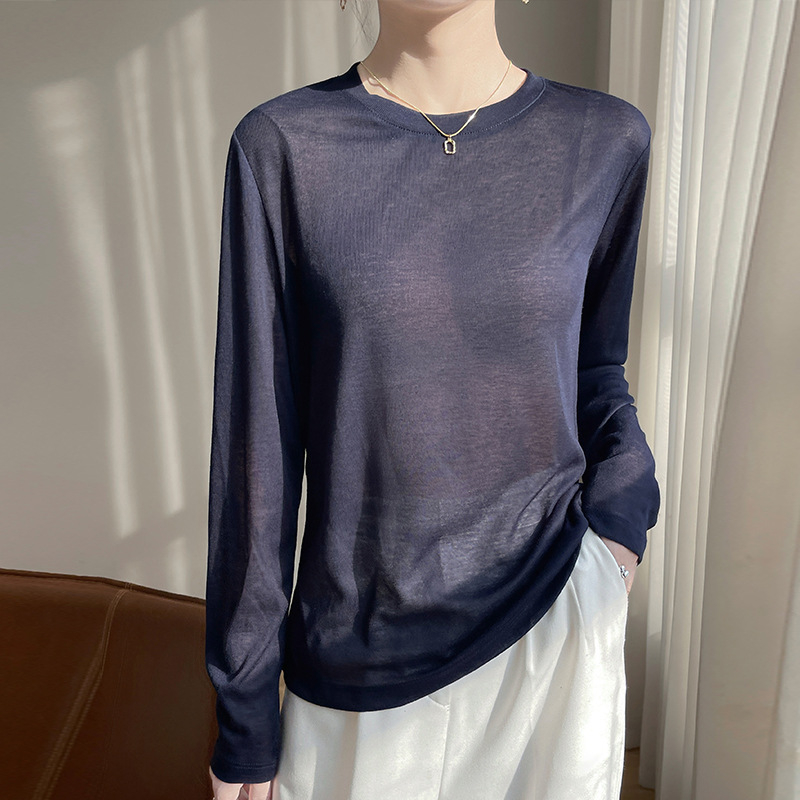 2025 Primăvara și Vara Nou Pulover cu Guler Rotund Tencel Lyocell Mânecă Lungă Subțire Culoare Solidă Simplă Pulover Cămașă de Bază