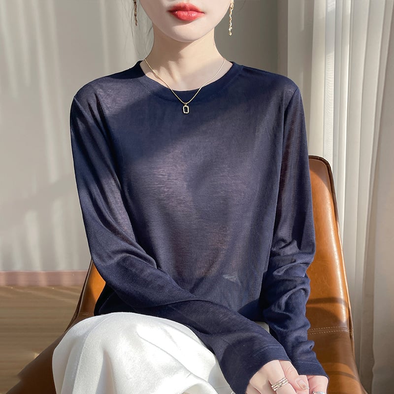 2025 Primăvara și Vara Nou Pulover cu Guler Rotund Tencel Lyocell Mânecă Lungă Subțire Culoare Solidă Simplă Pulover Cămașă de Bază