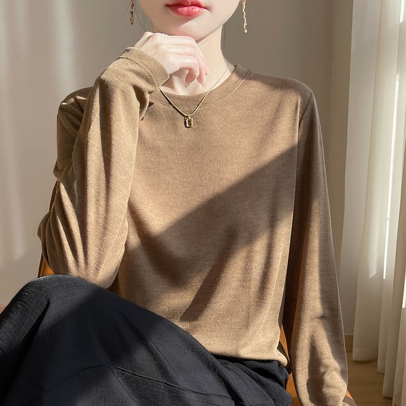 2025 Primăvara și Vara Nou Pulover cu Guler Rotund Tencel Lyocell Mânecă Lungă Subțire Culoare Solidă Simplă Pulover Cămașă de Bază