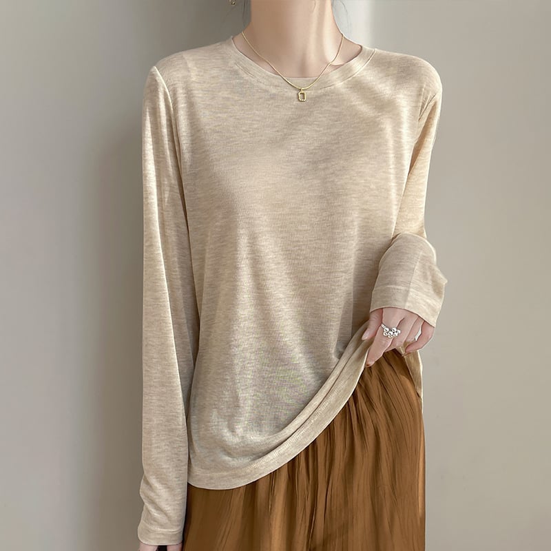 2025 Primăvara și Vara Nou Pulover cu Guler Rotund Tencel Lyocell Mânecă Lungă Subțire Culoare Solidă Simplă Pulover Cămașă de Bază