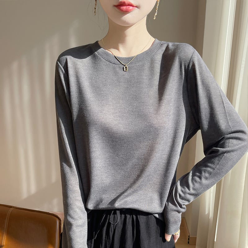 2025 Primăvara și Vara Nou Pulover cu Guler Rotund Tencel Lyocell Mânecă Lungă Subțire Culoare Solidă Simplă Pulover Cămașă de Bază