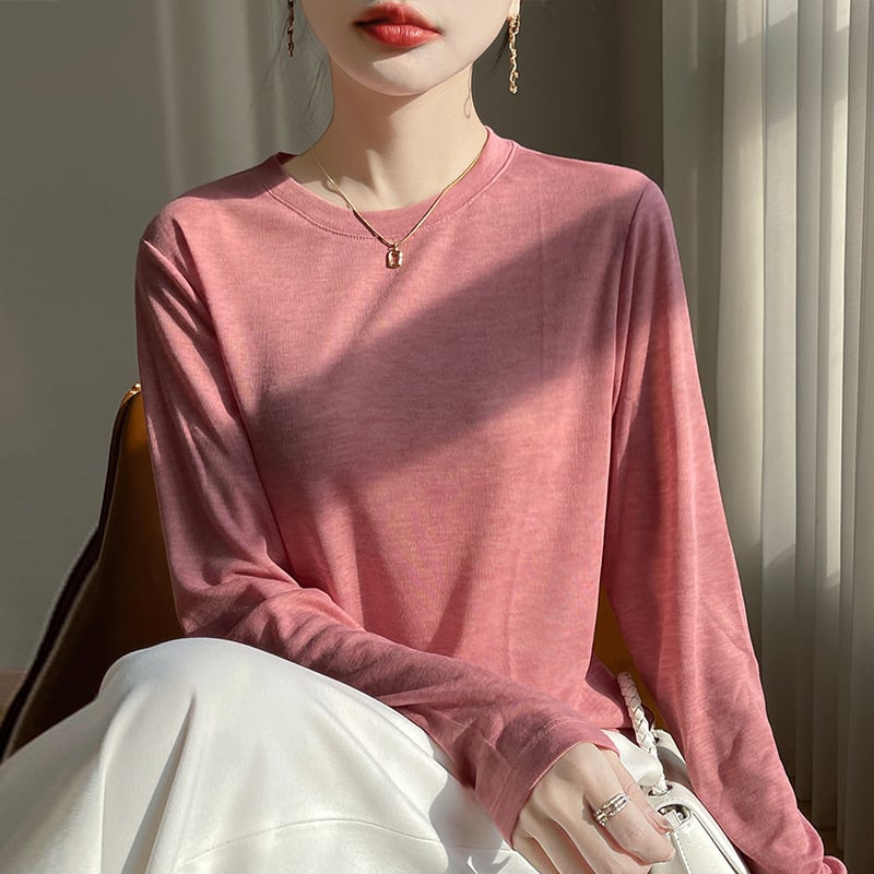2025 Primăvara și Vara Nou Pulover cu Guler Rotund Tencel Lyocell Mânecă Lungă Subțire Culoare Solidă Simplă Pulover Cămașă de Bază