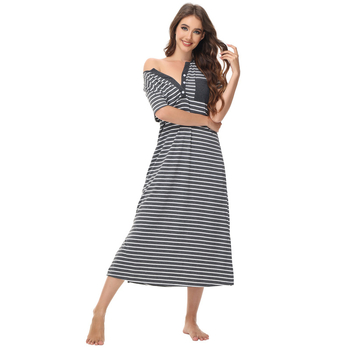 Amazon 2025 Лято Нов Стил Европейски И Американски Дрехи Раирани Пижами с Обърнати Копчета Окръглено Яке Свободни С Къс Ръкав Домашни Дрехи на Търговия на Едро