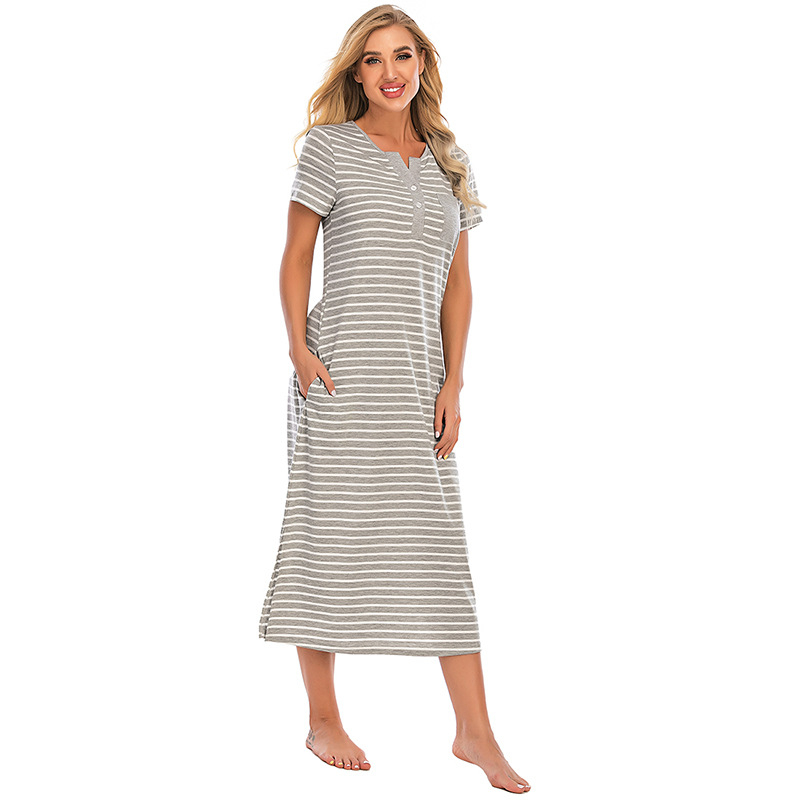 Amazon 2025 Лято Нов Стил Европейски И Американски Дрехи Раирани Пижами с Обърнати Копчета Окръглено Яке Свободни С Къс Ръкав Домашни Дрехи на Търговия на Едро