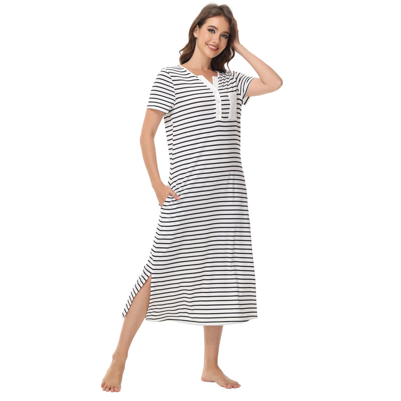 Amazon 2025 Лято Нов Стил Европейски И Американски Дрехи Раирани Пижами с Обърнати Копчета Окръглено Яке Свободни С Къс Ръкав Домашни Дрехи на Търговия на Едро