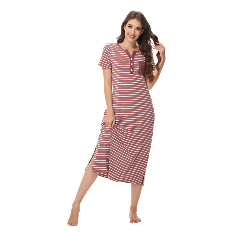 Amazon 2025 Лято Нов Стил Европейски И Американски Дрехи Раирани Пижами с Обърнати Копчета Окръглено Яке Свободни С Къс Ръкав Домашни Дрехи на Търговия на Едро