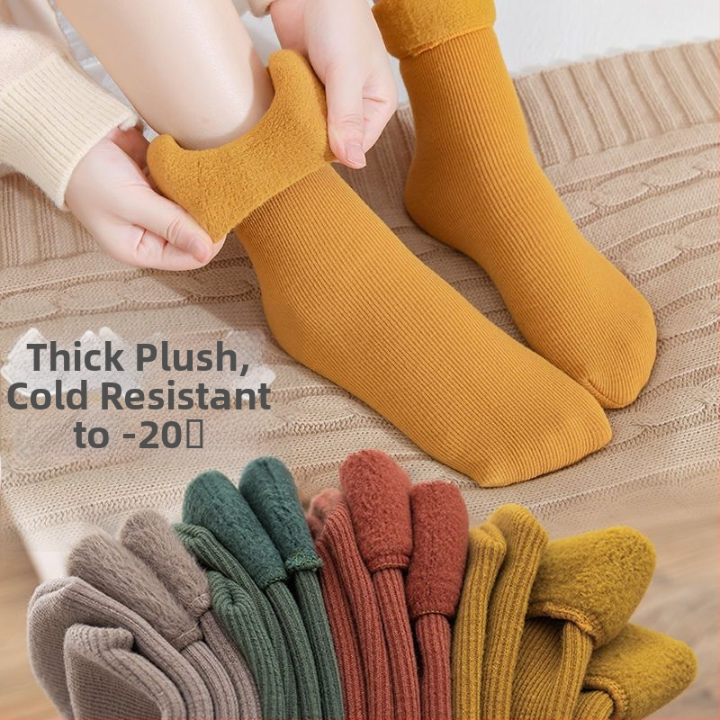 Дамски снежни чорапи с поларена подплата, дебели вълнени чорапи до средата на прасеца, топли хавлиени есенни и зимни чорапи за сън, едноцветни