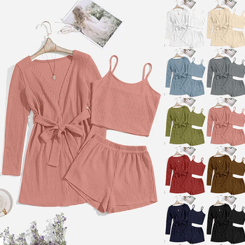 Ρούχα Σπιτιού Τριών Τεμαχίων με Βάφλες Γυναικεία Σορτς με Ελαφρύ Φερμουάρ Ρόμπα Μπουρνούζι Πιτζάμες Κοστούμι